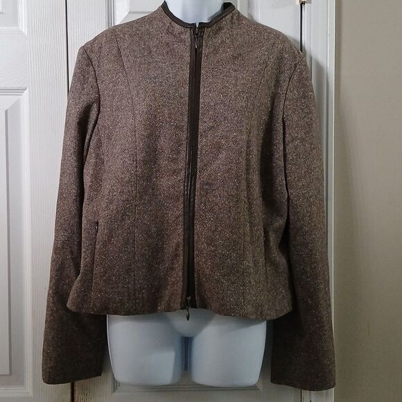 Kenneth Cole brown tweed wool blend zip front lightweight jacket Sz 14 NWOT - Picture 1 of 6
